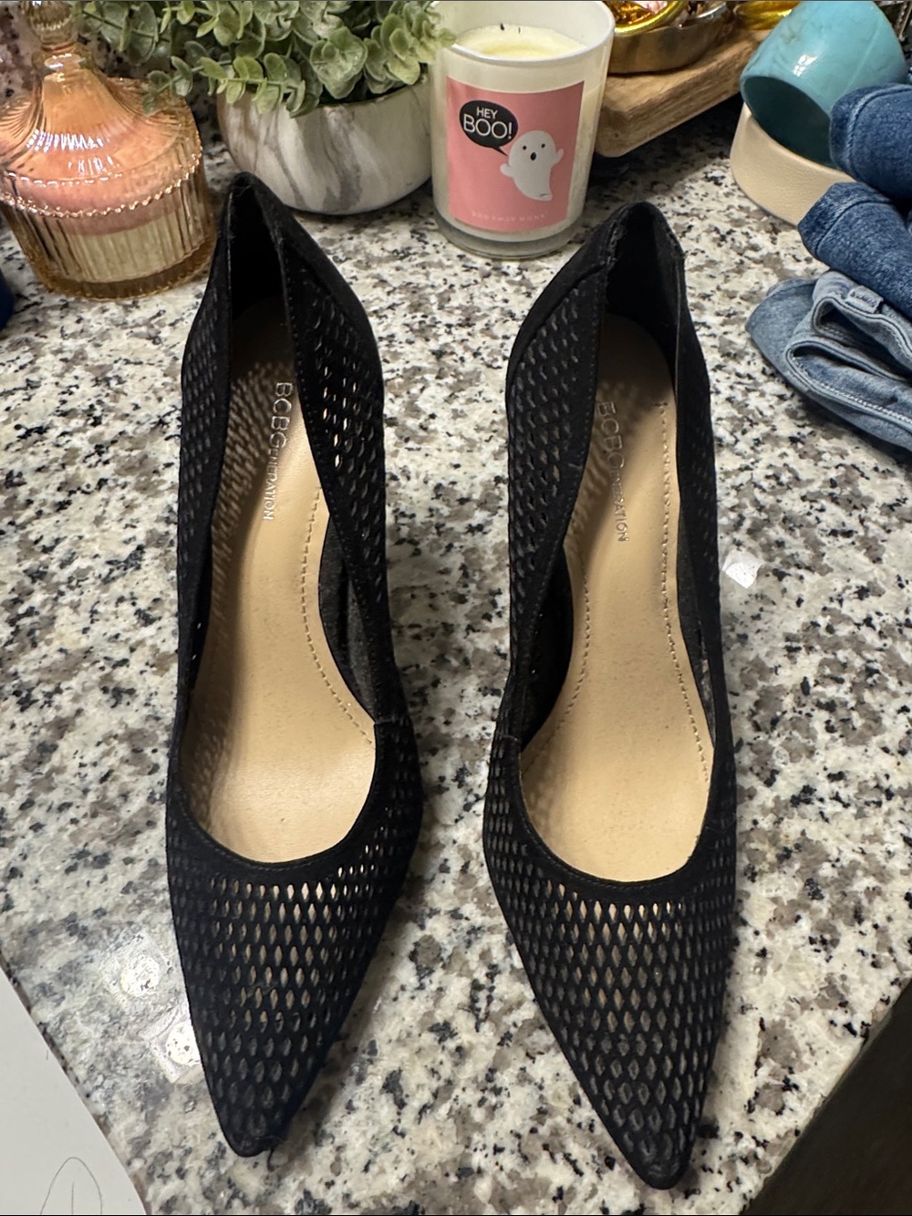 BCBG Black Pointed Mesh Heels